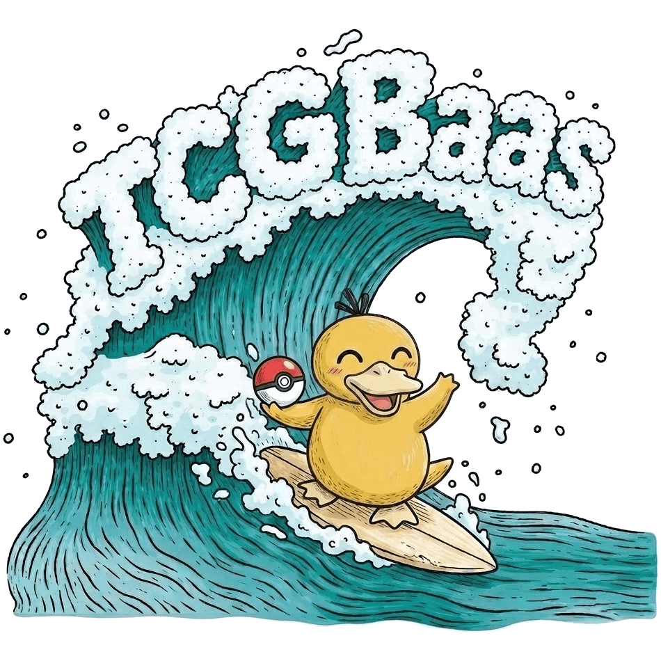 The TCGBaas mascot surfing a wave